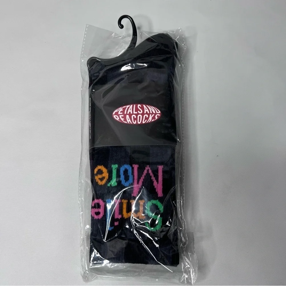 PETALS and Peacocks SMILE MORE Checkered Crew Socks Black Gray NWT